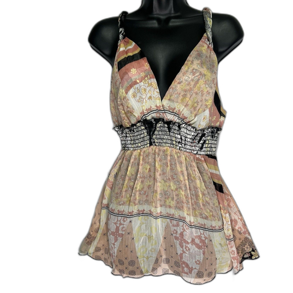 Sheer Boho Fairy Halter Top Smocked Waist Floral Coquette Festival Y2K Indie L